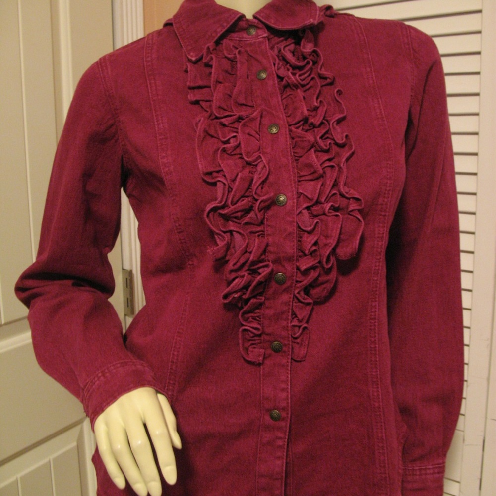 Vintage Y2K Diane Gilman Womens Denim Jean Jacket Ruffle Top S Long Sleeve Red - Picture 5 of 8